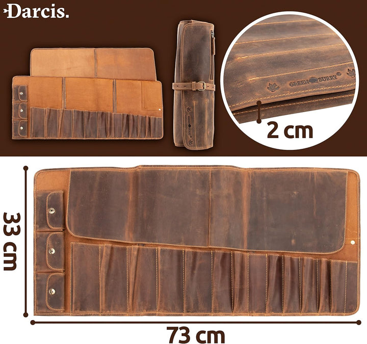 Darcis Werkzeugrolle in Braun - Aus echtem Rindsleder - Werkzeug Rolltasche mit 13 Fächern, 3 Knopft