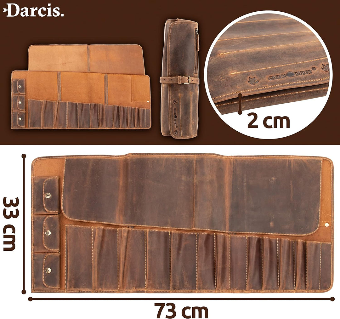 Darcis Werkzeugrolle in Braun - Aus echtem Rindsleder - Werkzeug Rolltasche mit 13 Fächern, 3 Knopft