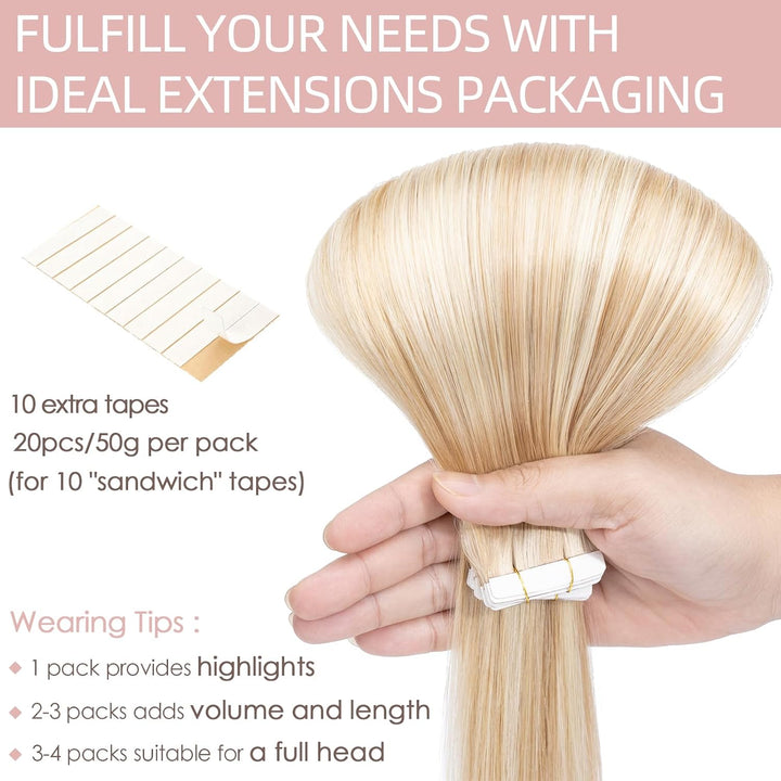 Silk-co Tape Extensions Echthaar 20stk, Haarverlängerung Tape in Extensions Echthaar, Remy Haarexten