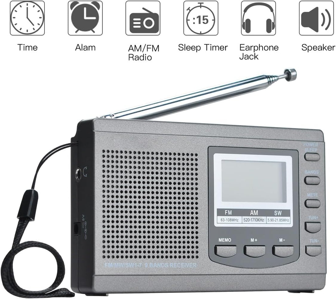 COVVY AM/FM / SW1-7 Tragbarer 9-Band-Radioempfänger mit Lautsprechern und Kopfhörern, ausgezeichnete