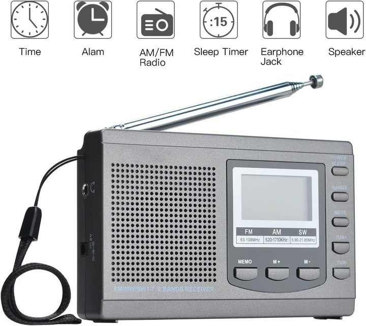 COVVY AM/FM / SW1-7 Tragbarer 9-Band-Radioempfänger mit Lautsprechern und Kopfhörern, ausgezeichnete