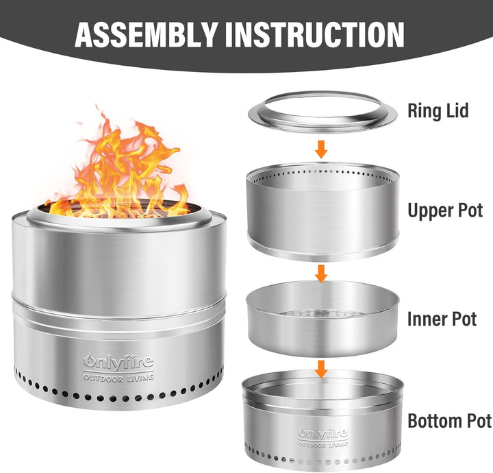 Onlyfire Tragbare Feuerstellen mit Aufbewahrungstasche, 50cm Fire Pit aus Edelstahl, Abnehmbarer Asc