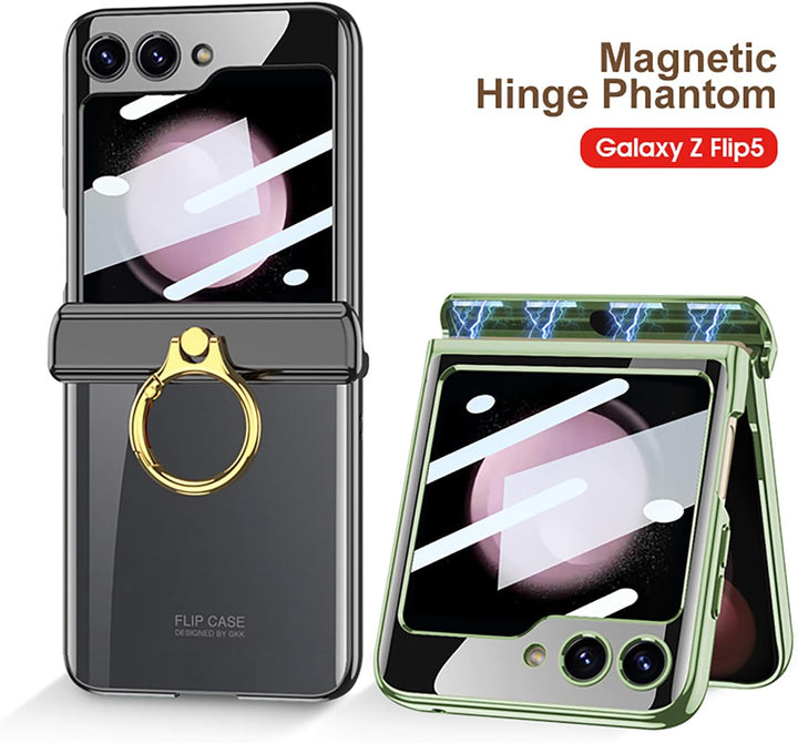 CeeEee Kompatibel mit Samsung Galaxy Z Flip 5 Handyhülle Ring Ständer Transparent Bildschirmschutz H