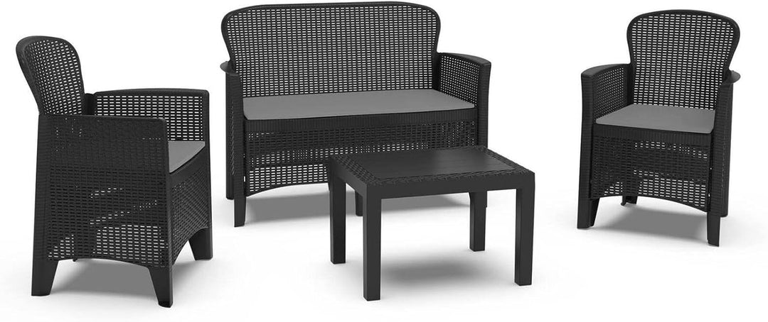 Dmora - Outdoor-Lounge-Set Ostuni, Gartengarnitur mit 2 Sesseln, 1 Sofa und 1 Couchtisch, Sitzecke i