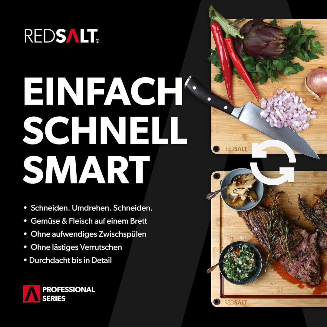 REDSALT® innovatives Bio Bambus Holz Schneidebrett rutschfest | 42x30x2,5cm gross Holzbrett beidseit