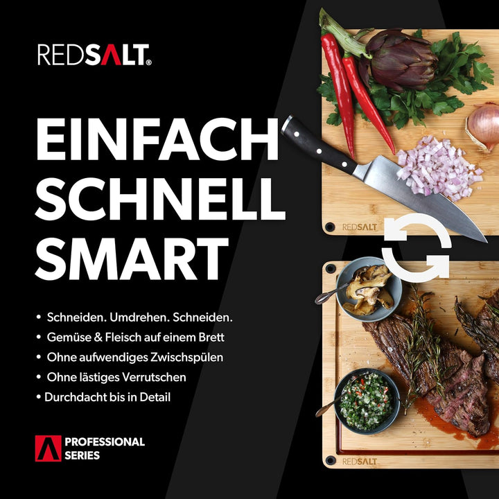 REDSALT® innovatives Bambus Holz Schneidebrett XL 50x36x2,5cm | beidseitig rutschfest antibakteriell