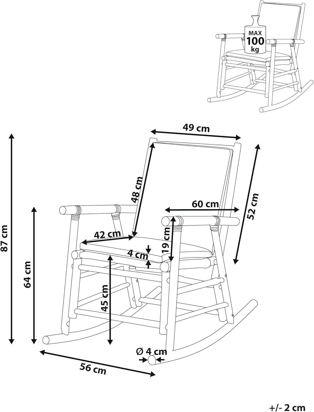 Garten Schaukelstuhl Bambus hellbraun mit Armlehnen Auflage weiss Boho Frigole