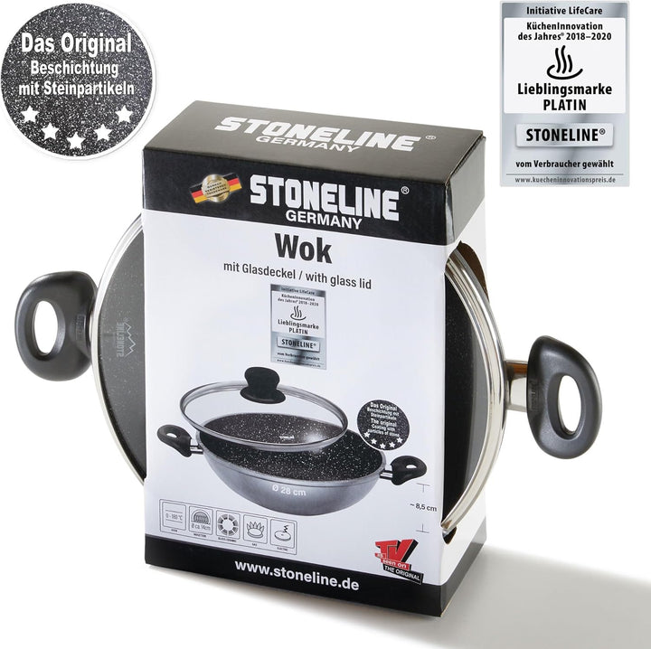 Stoneline Wok 28cm, mit Deckel, Aluguss, Wok Pfanne beschichtet mit echten Steinpartikeln, grau, ohn