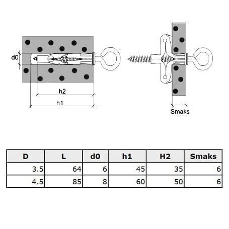 6/3.5X64 Ösenschrauben mit Dübel, Ringschrauben mit Universaldübel, Holzgewinde Augenschraube mit Al