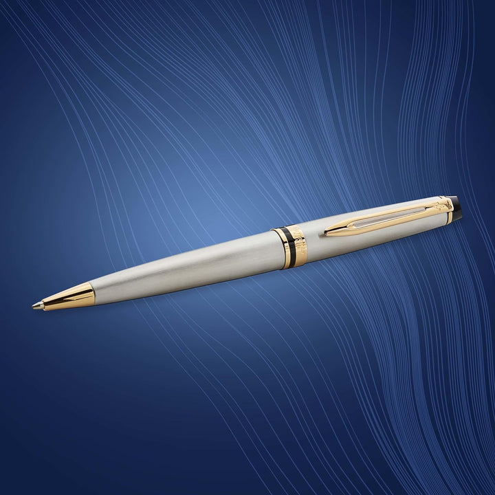 Waterman Expert Kugelschreiber | Edelstahl mit Zierteile aus 23 K Gold | Mittlere Spitze | Blaue Tin