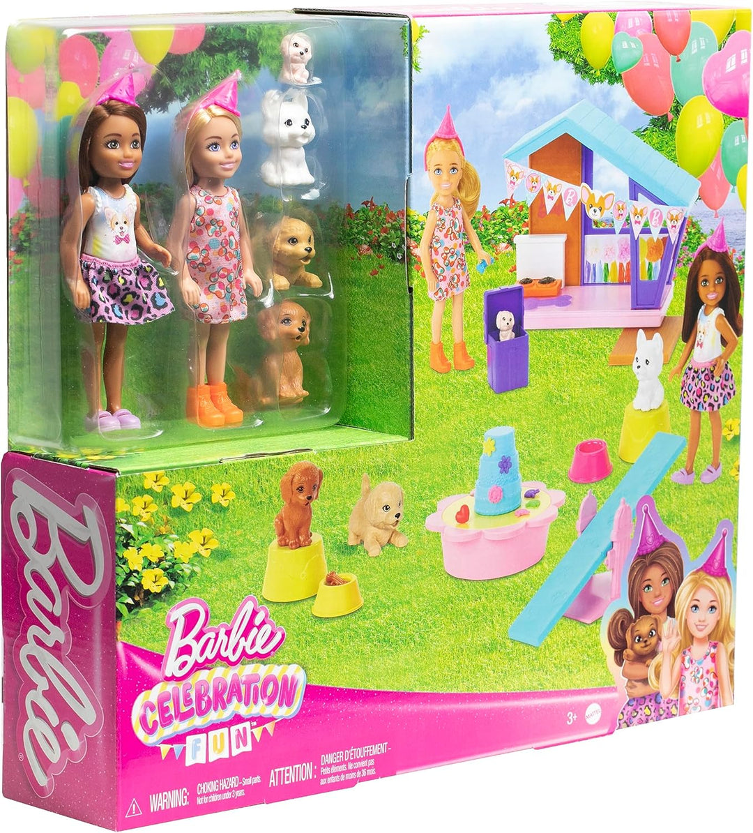 Barbie Chelsea Doggy Party Zwei Puppen mit Haustieren und Spielset mit Zubehör, Spielzeug + 3 Jahre