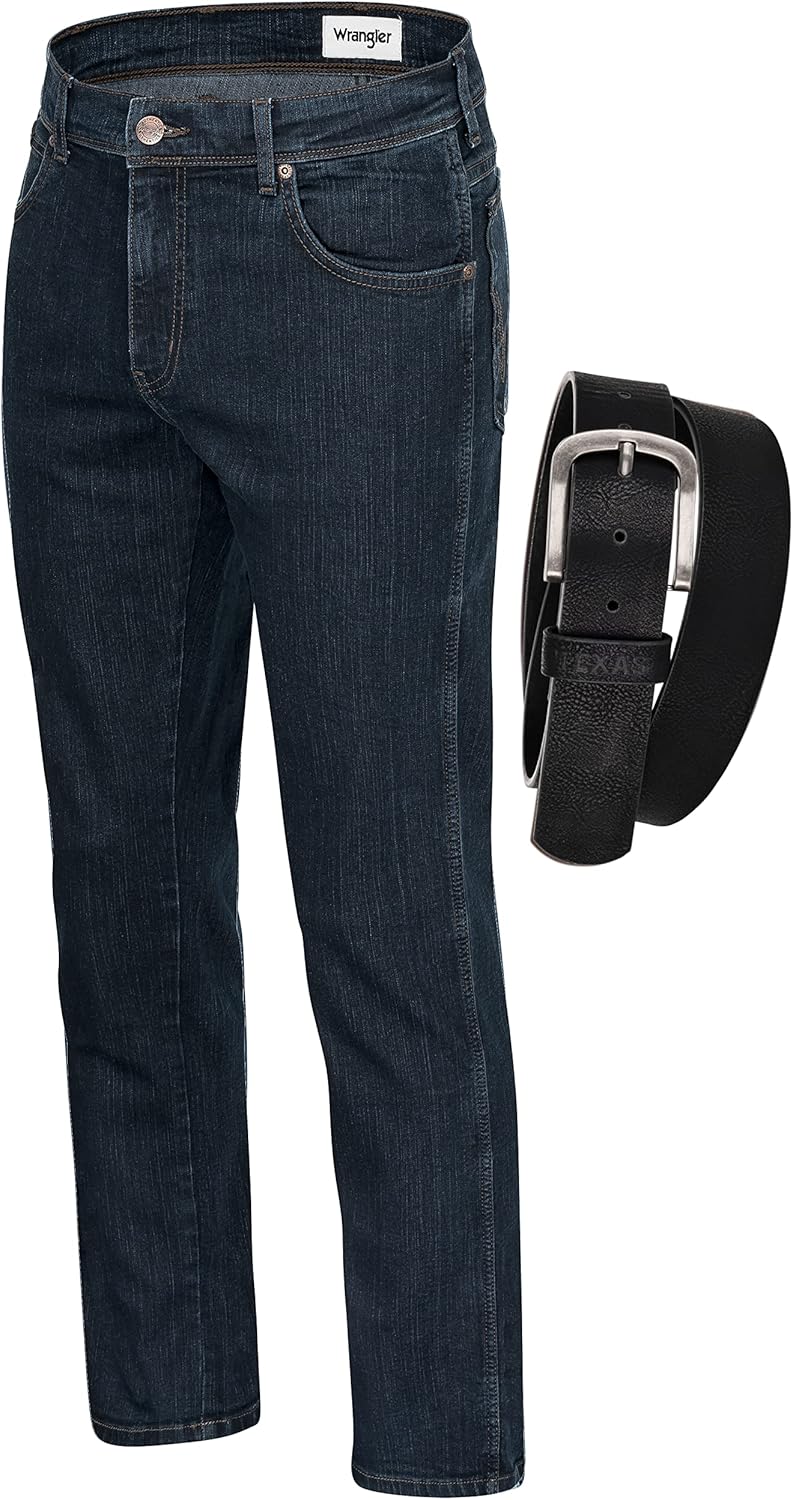 Wrangler Texas Stretch Herren Jeans Regular Fit inkl. Gürtel (W40/L32, Blue Black)