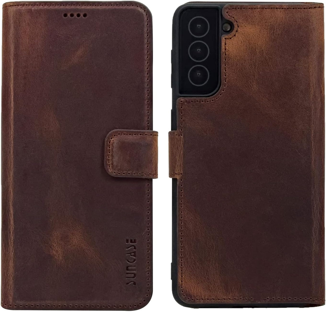 Suncase Book-Style Hülle kompatibel mit Samsung Galaxy S23 5G Leder Tasche (Slim-Fit) Lederhülle Han