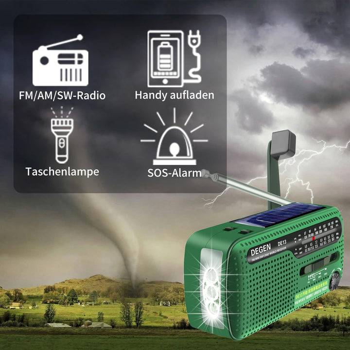 DEGEN DE13 Kurbelradio Tragbares Solar Radio FM AM SW Eingebaute Wiederaufladbare Batterie LED Dynam