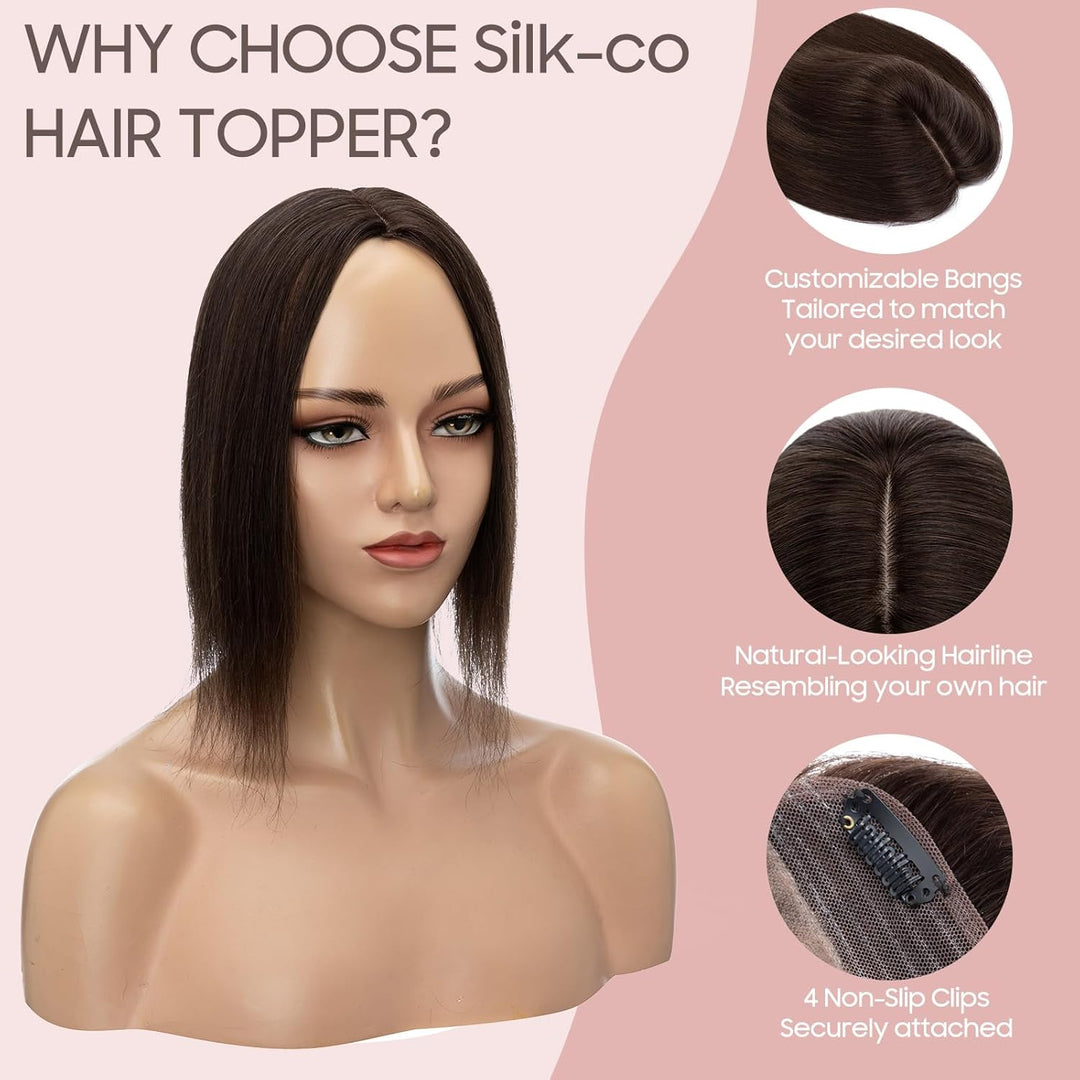 Silk-co Hair Topper Echthaar, 10x12cm Basis Toupet Damen, Haartopper Echthaar mit Remy Seide Basis,