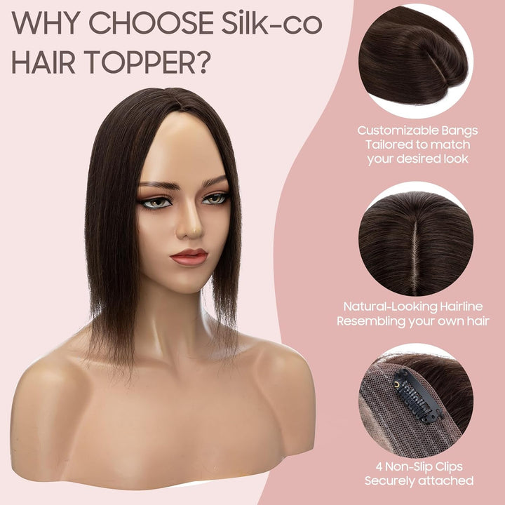 Silk-co Hair Topper Echthaar, 10x12cm Basis Toupet Damen, Haartopper Echthaar mit Remy Seide Basis,