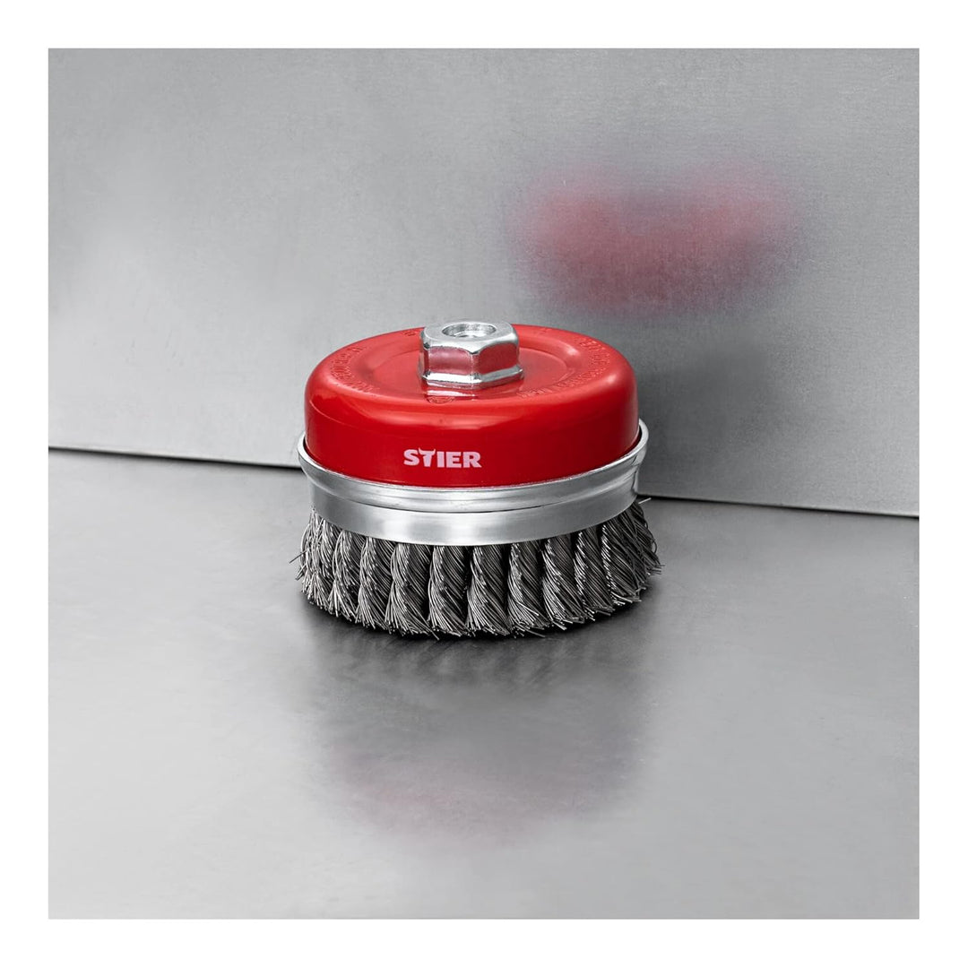 STIER Topfbürste Stahl, gezopfter Draht, für Winkelschleifer, Ø 100 mm, M14, Drahtstärke 0,5 mm, Dra