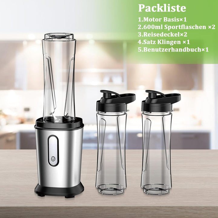 Mixer, 500W Mini Standmixer & Smoothie Maker mit 2x600ml Flaschen BPA frei Tritan, Tragbarer Mixer S