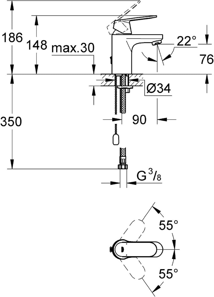 GROHE Eurosmart Cosmopolitan Badarmatur, versenkbarer Kette, Standard-Auslauf 3282700E S mit versenk