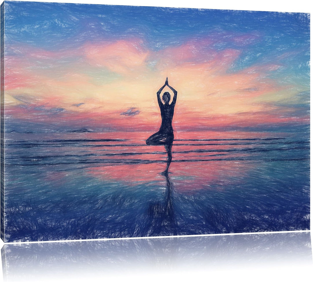 Pixxprint Yoga am Strand / 100x70cm Leinwandbild bespannt auf Holzrahmen/Wandbild Kunstdruck Dekorat