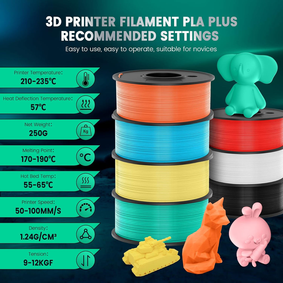 SUNLU PLA+ 3D-Druckerfilament 8er-Pack, PLA PLUS Filament 1,75 mm, 0,25 kg Spule, 8 Farben, Schwarz