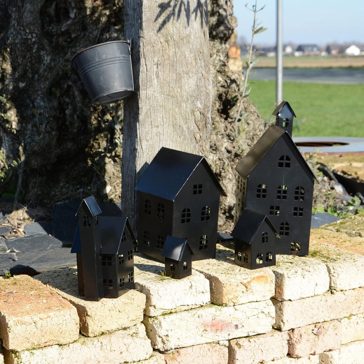 UNUS Deko Häuser 5er Set, Lichthäuser aus Metall, in Schwarz, Herbstdeko Outdoor, Weihnachtsdorf für