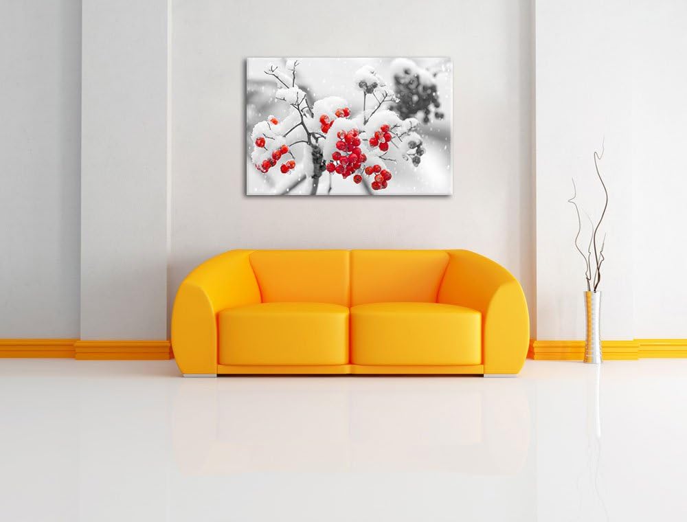 Rote Vogelbeeren im Winter schwarz/weiss Format: 100x70 auf Leinwand, XXL riesige Bilder fertig gera