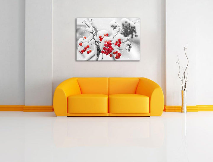 Rote Vogelbeeren im Winter schwarz/weiss Format: 100x70 auf Leinwand, XXL riesige Bilder fertig gera