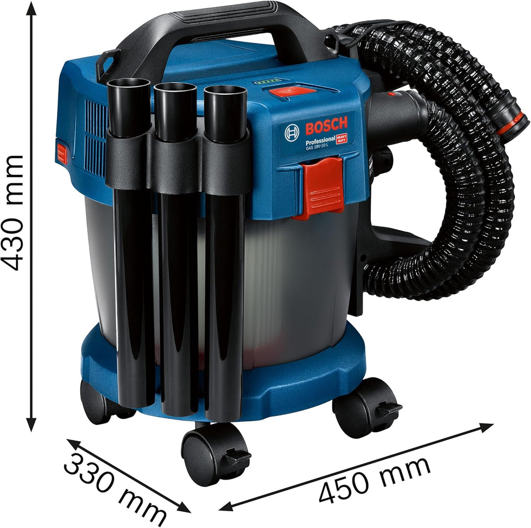 Bosch Professional 18V System Industriestaubsauger Gas 18V-10 L (ohne Akku, 1,6 m Schlauch, 3 Verlän