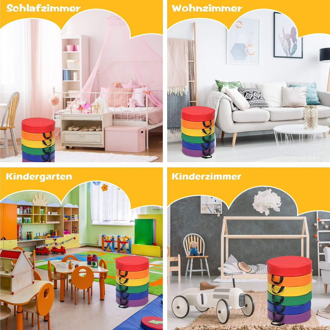 COSTWAY 6er Set Kinder Stuhlkissen mit Griff, Bodenkissen mit Reissverschluss, Sitzkissen mehrfarbig