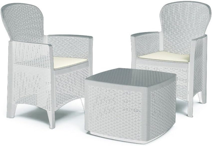 Gartenset mit Kissen, 2 Sesseln und 1 Outdoor-Container-Tisch, Made in Italy, weisse Farbe
