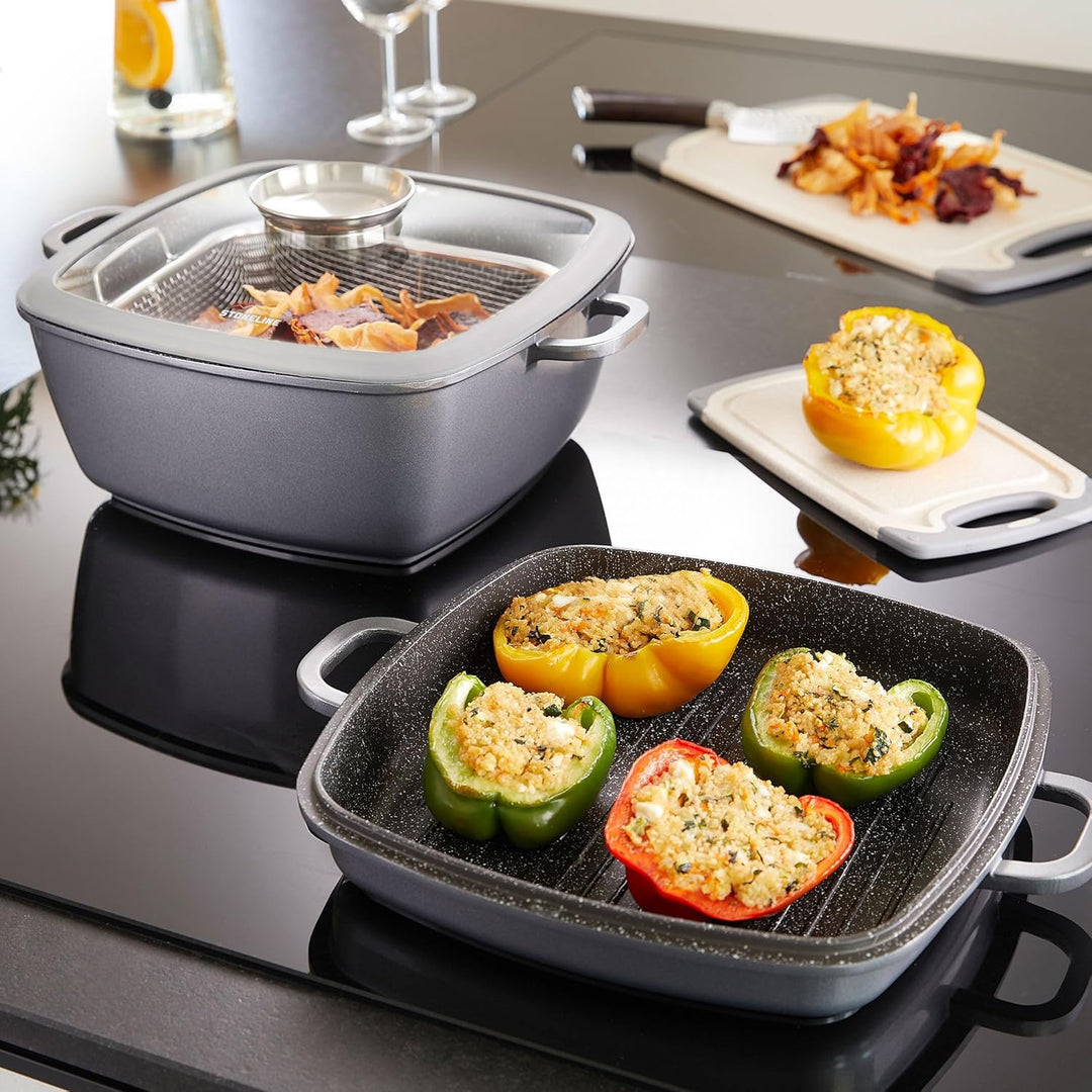 STONELINE® Multi-Eckpfanne, 28 x 28 cm, mit Dampf- und Frittierfunktion, induktionsgeeignet, Aluguss