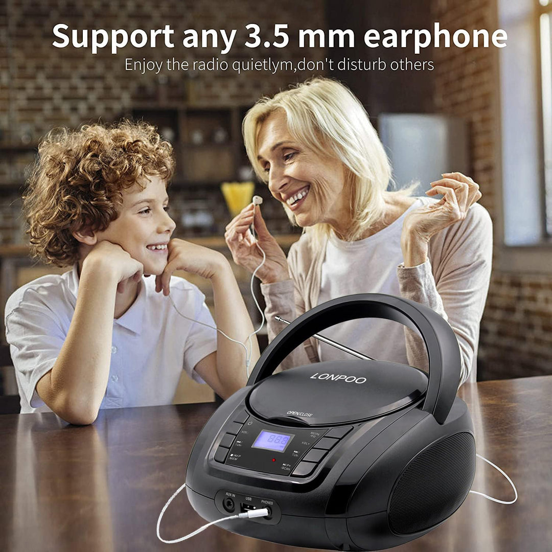 Tragbarer CD-Player Boombox mit FM-Radio/Bluetooth/USB/AUX-Eingang | 3,5 mm MIC & Kopfhöreranschluss