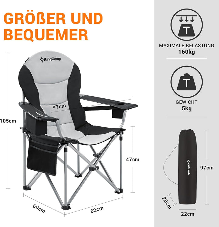 KingCamp Campingstuhl mit Verstellbarer Rückenlehne und Kühltasche bis 160 kg belastbar Schwarz, Sch