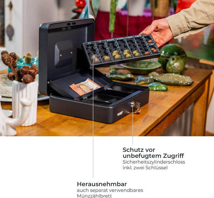 HMF 4215-02 Geldkassette abschliessbar mit Münzzählbrett | 30,5 x 24 x 8,5 cm | Schwarz, Schwarz