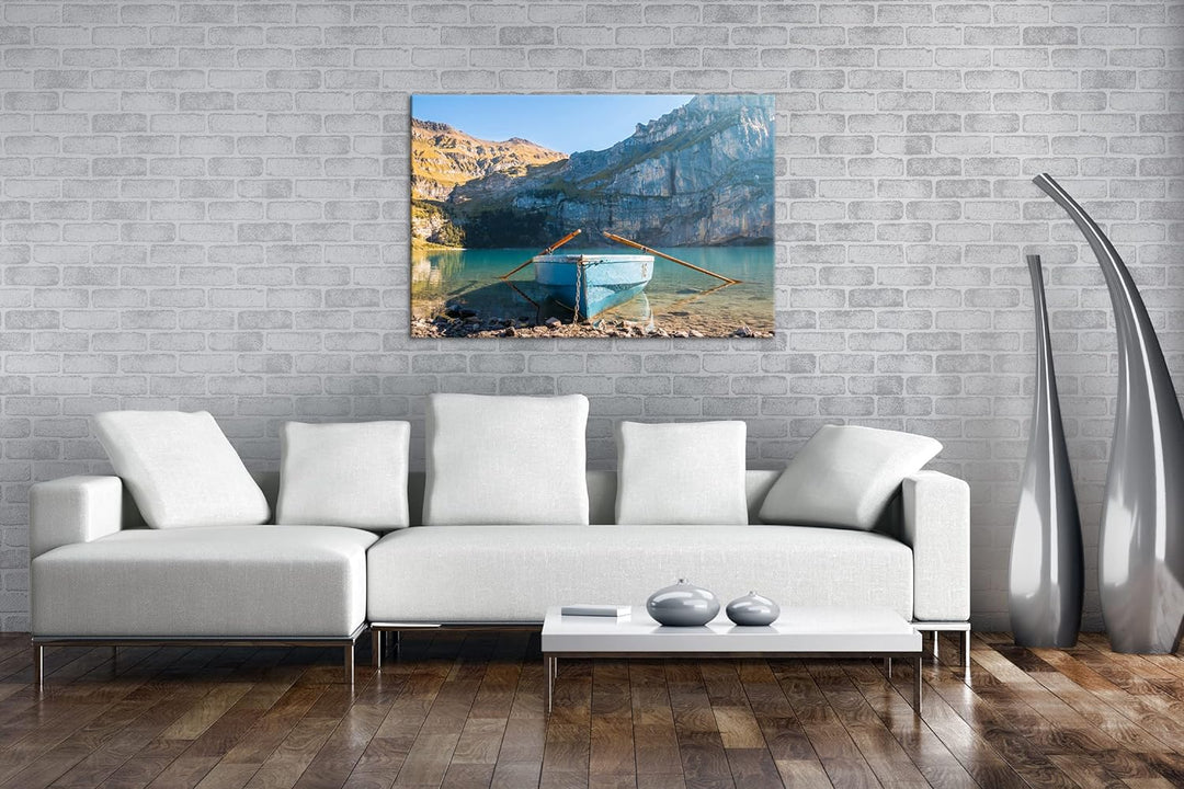 deyoli Traumhaftes Boot am See Format:90x60 cm als Leinwandbild, Motiv fertig gerahmt auf Echtholzra