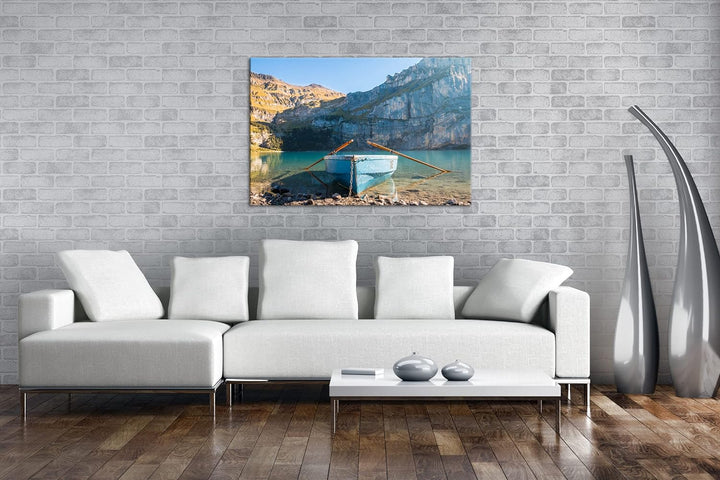 deyoli Traumhaftes Boot am See Format:90x60 cm als Leinwandbild, Motiv fertig gerahmt auf Echtholzra