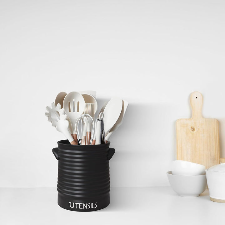 Karisky Kitchen Utensil Holder for Countertop, 6.2" Large Ceramic Utensil Crock with Cork Mat, Handl