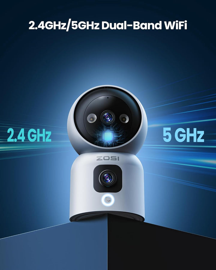 ZOSI Überwachungskamera Innen mit Dual-Objektiv 3MP+3MP, 2,4/5G WLAN, Taste/OK-Geste-Anruf, KI Perso
