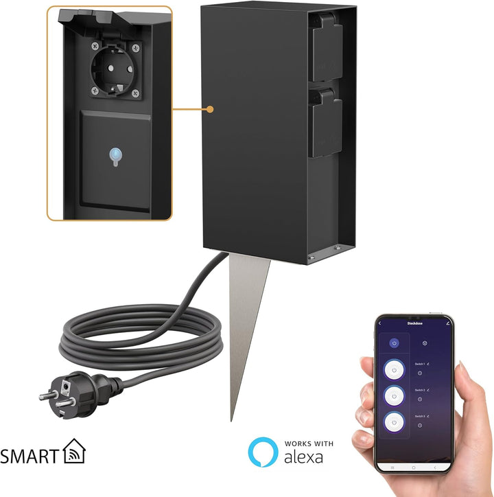 ledscom.de Garten-Steckdosensäule POMI mit Erdspiess und 2m Kabel für aussen, IP44, Smart Home, WLAN