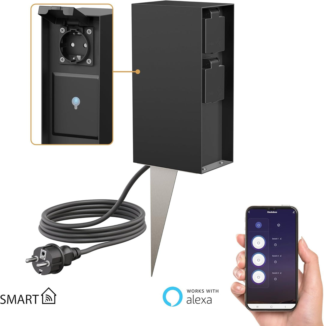 ledscom.de Garten-Steckdosensäule POMI mit Erdspiess und 2m Kabel für aussen, IP44, Smart Home, WLAN