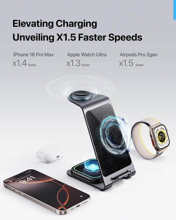 Intoval Kabellose Ladestation, 3-in-1-Ladegerät für Apple, iPhone/iWatch/Airpods, iPhone15,14,13,12