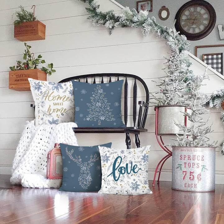 Bonhause 4er Set Kissenbezüge Winter 45 x 45 cm Samt Soft Blumen Blätter Graue Dekorative Kissenhüll
