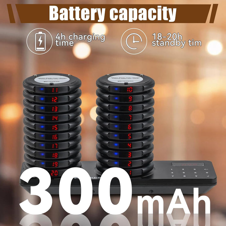 Retekess TD163 Restaurant Pager System, Pager Rufsystem, 20 Pager, 500M, Schwarz, Blaue LED-Anzeigel