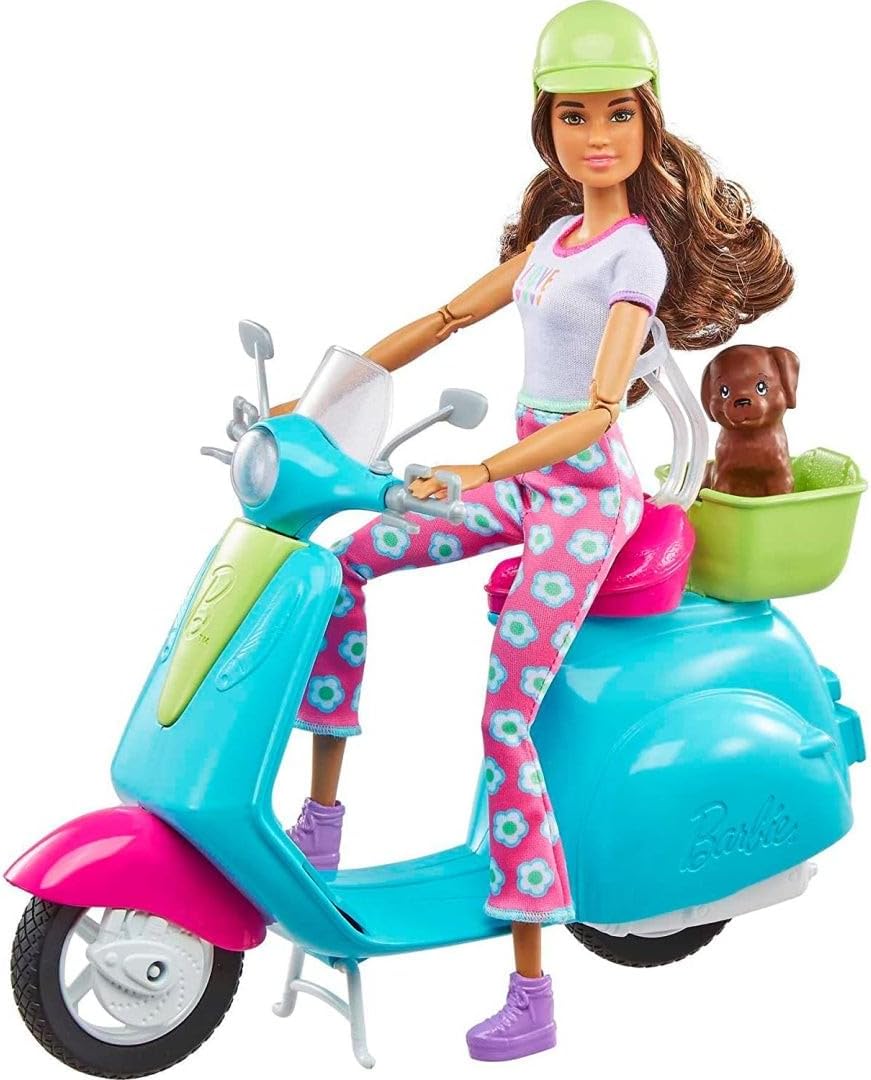 Barbie Fashionistas Puppe und Roller, Reise-Spielset mit Aufklebern, Haustierwelpe und themenbezogen