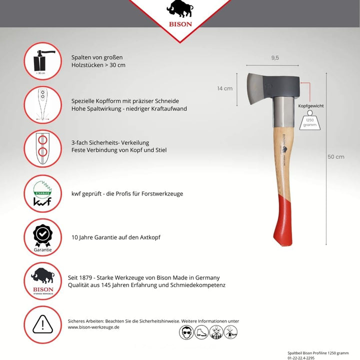 Bison Profiline Spaltbeil 1250 g, Länge 500 mm, Profiwerkzeug für höchste Ansprüche, 01-22-24.2-2295