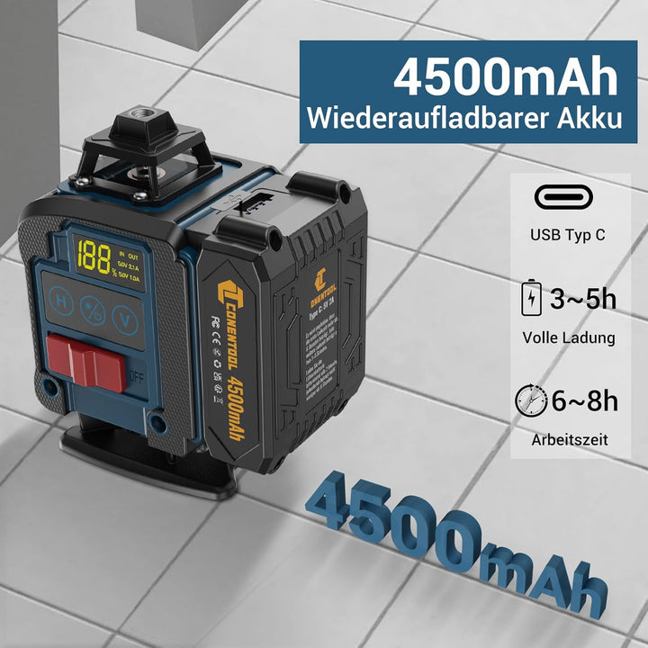 Kreuzlinienlaser Laser Wasserwaage Selbstnivellierend 4D 16-Linien 360 Grad Drehbar CONENTOOL Baulas