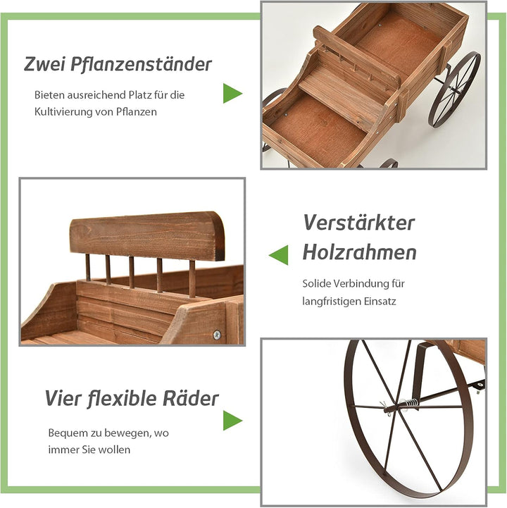 COSTWAY Blumenständer Holzwagen Pflanzwagen Blumenwagen mit Metall Rädern Blumenkasten Pflanzenständ