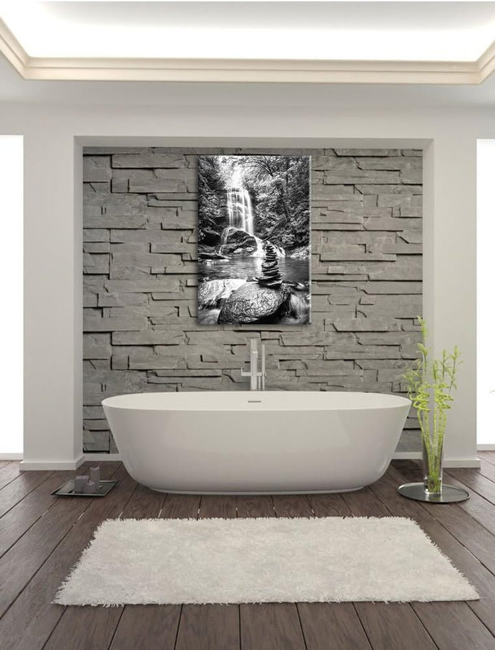 Pixxprint Zen Steine vor Wasserfall Kunst B&W, Format: 100x70 auf Leinwand, 100x70