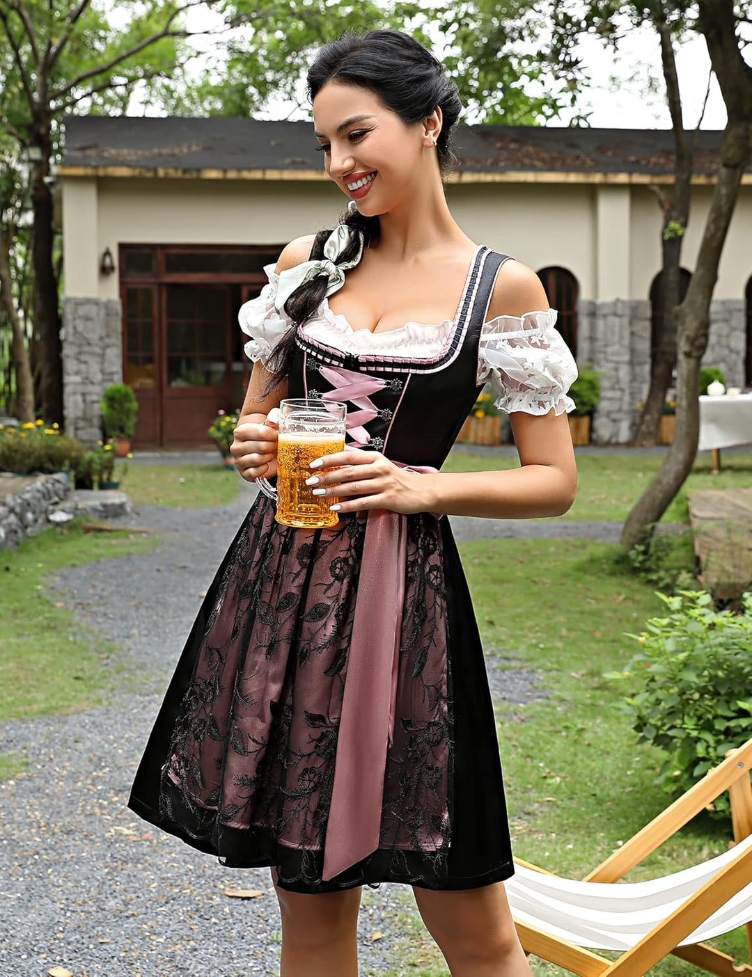 KOJOOIN Dirndl Damen Kurz Trachtenkleid 3tlg. Midi Dirndl für Oktoberfest Drei Teilig: Dirndlkleid,S